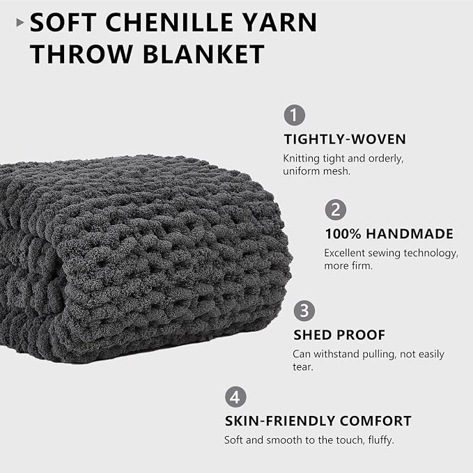 L'AGRATY Chunky Knit Blanket Throw: 72''x84'' Chenille Chunky Knitted Throw Blanket for Bed Couch - Handmade Thick Big Cable Knit Blanket - Large Crochet Blankets for Home Decor(Dark Grey)