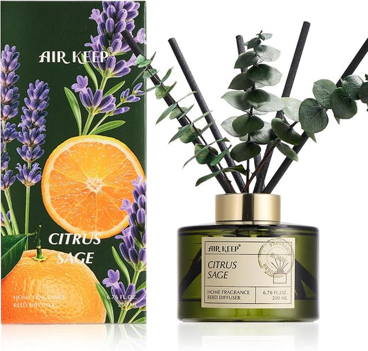 Airkeep Reed Diffuser Set with 6.76 fl oz Citrus&Sage Scent Essential Oils and 3 Leaves & 8 Diffuser Sticks,Bathroom Shelf Decor & Air Freshener, House Bedroom Office Decor & Gifts