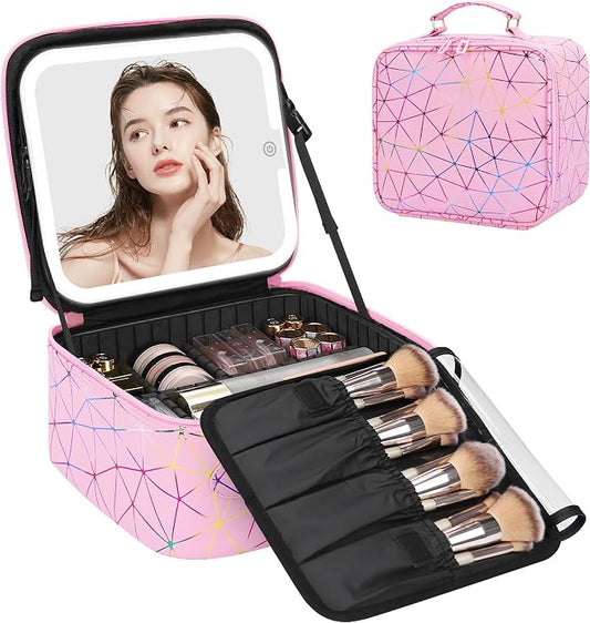 Relavel Travel Makeup Bag with LED Mirror, Portable Cosmetic Train Case with 3 Color Lighted Brightness Mirror, Makeup Artist Organizer Storage with Adjustable Dividers Make Up Box - Pink Geometric