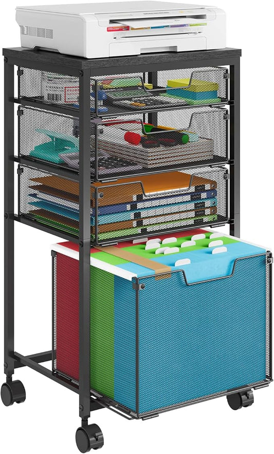 Sbanmao Rolling File Cart with 4 Storage Drawers, Mobile File Cabinet with Wheels, Hanging File Organizer, Under Desk Printer Stand Utility Cart Filing Cabinet for Home Office, Black