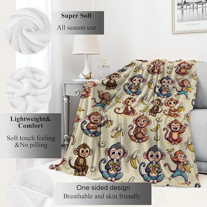 Monkey and Banana Blanket,Fun Cartoon Jungle Theme Throw Blankets,Birthday Gifts for Kids & Animal Lovers,Lightweight Soft Fleece,for Picnic Sofa Couch Bed Room Travel,Modern Decor,60x80in