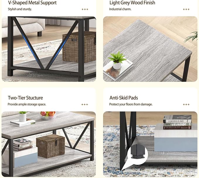 FOLUBAN Modern Coffee Table, Rustic Wood and Metal Center Table with Storage Shelf, Industrial Cocktail Table for Living Room, Light Grey, 39 Inch