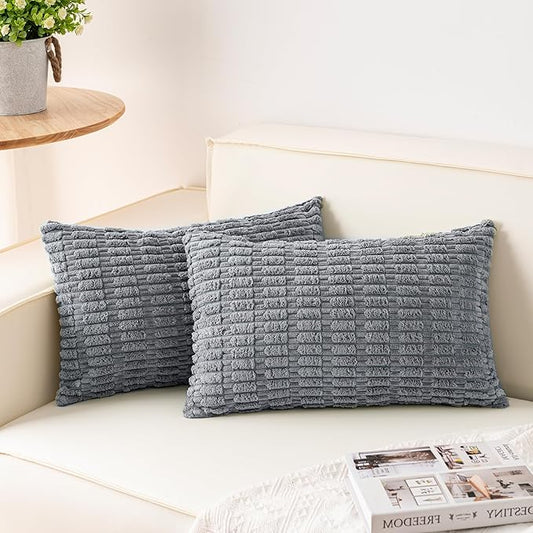 Aegero Pack of 2 Corduroy Decorative Throw Pillow Covers 12x20 InchSoft Boho Striped Pillow Covers Modern Farmhouse Home Decor for Sofa Living Room Couch Bed（Light Grey）