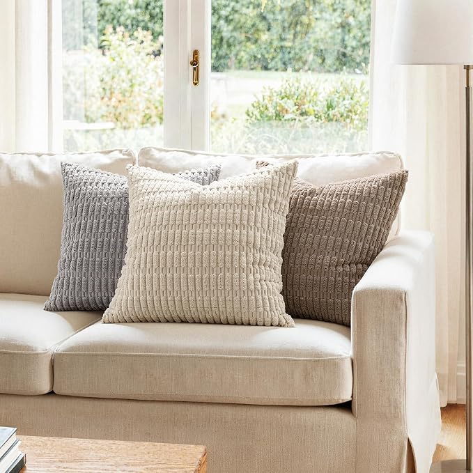 MIULEE Pack of 2 Corduroy Decorative Euro Sham Throw Pillow Covers 22x22 Inch Soft Boho Striped Pillow Covers Modern Farmhouse Home Decor for Sofa Living Room Couch Bed Light Brown