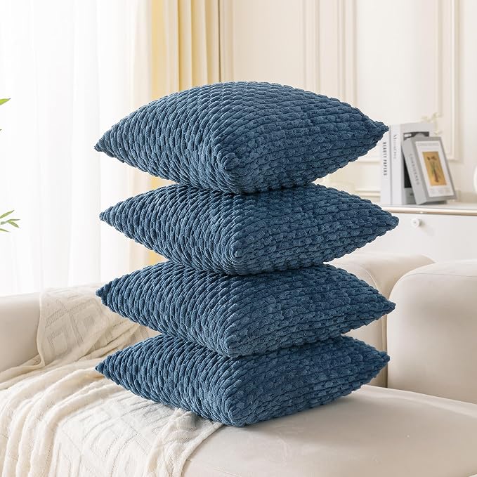 Set of 4 Blue Decorative Throw Pillow Covers 24x24 Inch Corduroy Pillow Covers for Bed Couch Sofa Living Room Soft Square Cushion Cases
