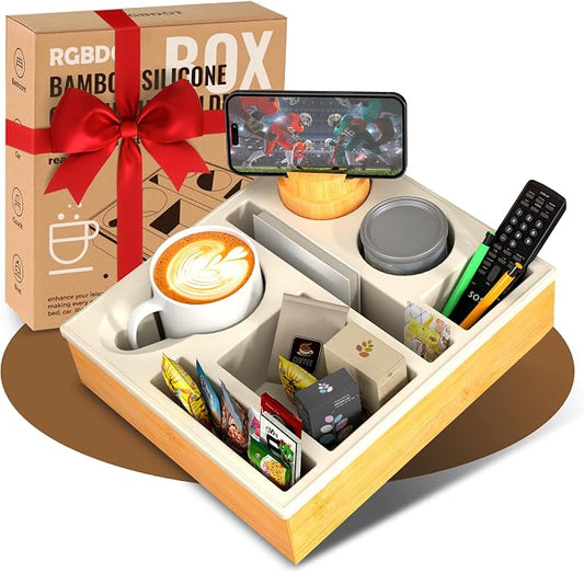 Couch Cup Holder Tray - Couch Organizer Caddy, Silicone Beach Caddy with Cup Holder, Sofa and Bed Drink Holder and Couch Tray Table for Snacks Beverage Remote (Beige)