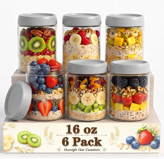 6 Pack Mason jars, 16 oz Overnight oats Containers with Lids, Parfait Cups with Lids for Yogurt, Oatmeal, Glass Jar with Lid for Storage, Food, Pudding, Sugar, Salad, Snack, Kitchen, Jam(Gray)