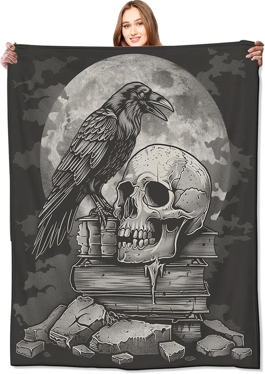 Gothic Skull Blanket,Goth Black Raven Spooky Throw Blankets,Gifts for Women Men, Lightweight Soft Fleece Cozy,for Sofa Couch Bed Room Travel,Festival Halloween Aesthetics Decor,40x50in