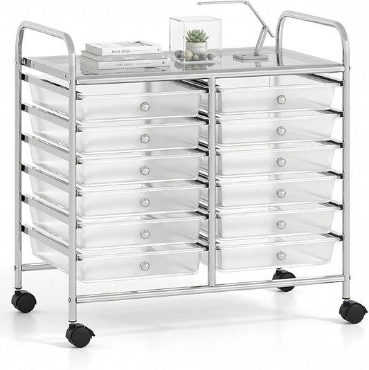 COSTWAY 12-Drawer Rolling Storage Cart, Utility Storage Organizer Cart for Tools, Scrapbook, Paper, Craft, Multipurpose Art Supply Organizer on Wheels for Home Office School, Teacher, Clear