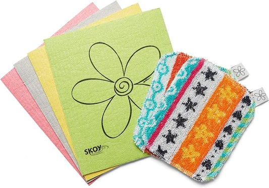 Skoy Bundle, 2-Pack Scrub, and 4-Pack Swedish Dishcloth, Reusable Cleaning Products for Kitchen and Household, Planet-Friendly, Dishwasher Safe Soft Scrub, Monochromatic Colors