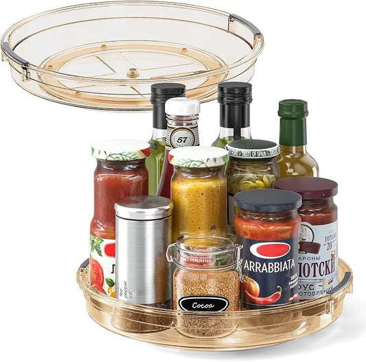 LAMU 2 Pack 10.6in Lazy Susan Organizer Turntable for Cabinet, Lazy Susan for Refrigerator Rotating Organizer for Fridge, Kitchen, Pantry, Countertop, Bathroom, Medicine Cabinet Organizer, Amber