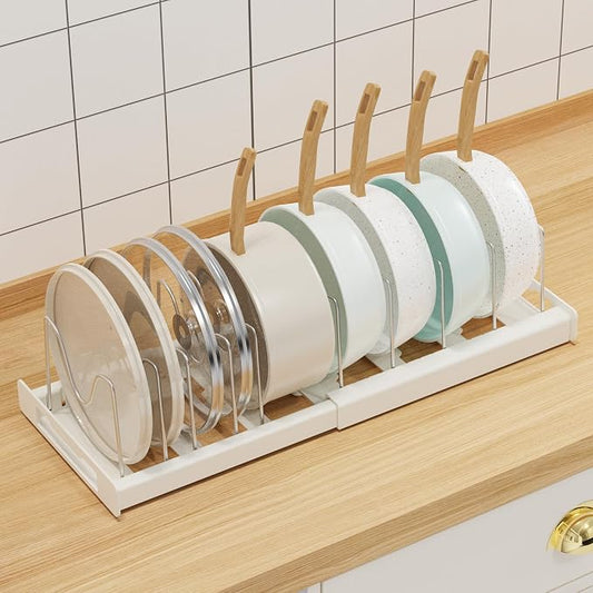 Nigelia Pots and Pans Organizer for Under Cabinet 22" Expandable Food Storage Container Lid Organizer with 10 Adjustable Dividers Pot and Pan Lid Holders Rack Inside Cabinet & Kitchen Countertop White