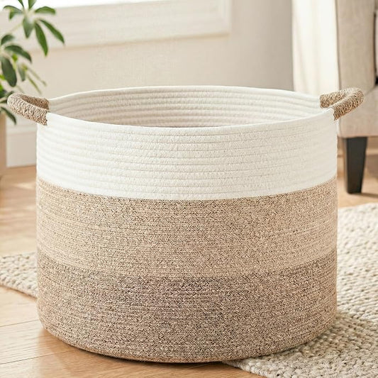 Artfeel 100L Large Cotton Rope Basket, Decorative Woven Blanket Storage for Living Room, Boho Toy Storage & Toy Box for Kids, Versatile Laundry Basket & Nursery Hamper for Blankets(BrownYellow)