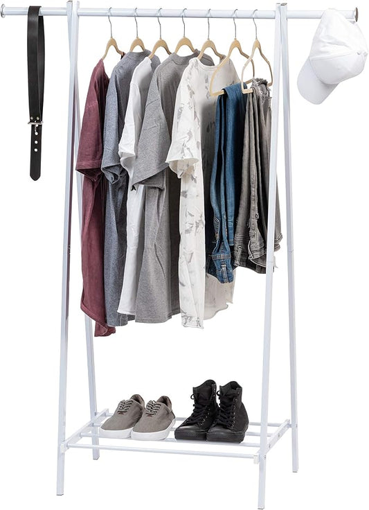 IRIS USA Clothes Rack for Hanging Clothes with Shelf, Freestanding Clothing Rack, Easy to Assemble Garment Rack, Metal, Sturdy Design, Multipurpose, Small Space Storage Solution, White