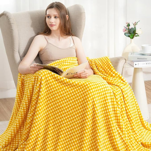 Zyrah Yellow and White Fleece Twin for Couch Super Soft Twin Blanket Plaid Lightweight Decorative Fuzzy Cozy Blankets for Sofa Chair Bed 60x80 Inches
