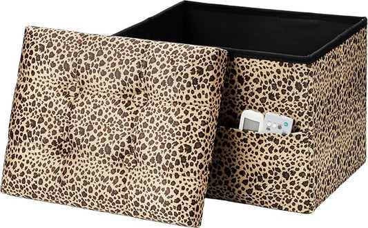 AmasSmile Storage Ottoman Folding Foot Rest Stool with Side Pocket, 17 inch Velvet Footstool Bench, Short Ottoman Bench, Storage Foot Rest Store, Blanket Chest, Leopard Print