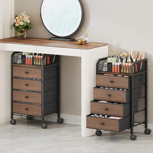 SWTYMIKI Rolling Makeup Organizer Cart - 14.96″*11.81″*27.55″ Widened Under Desk Vanity Storage with 4 Non-woven Drawers, Cosmetic Display Cases for Skin Care Perfume Nail Polish Brush Hair Tool Black