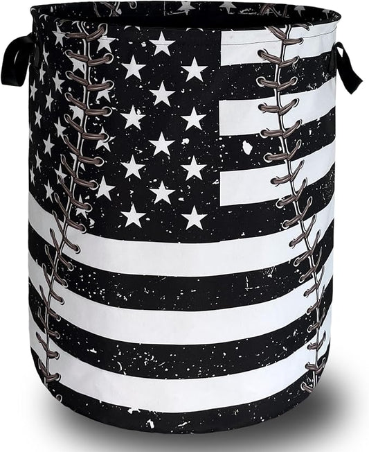 Baseball Textures Laundry Basket Foldable Oxford Cloth American Flag Laundry Hamper With Handle Portable Clothes Storage Organizer Basket 18.9X16.5 Inch Storage Bag For Laundry Room/Bathroom/Bedroom