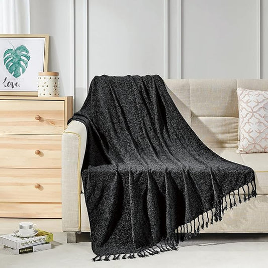 BOURINA Chenille Fluffy Throw Blanket with Decorative Fringe for Couch Cover Sofa Chair Blanket（50×60 Inches） Black