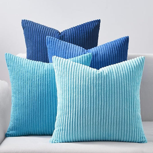 Topfinel Decorative Throw Pillow Covers Aque Teal Blue Series,Summer Corduroy Striped Toss Pillows for Couch,Patio,Balcony,Children Bedroom,Modern Fluffy Blue Gradient Shams 20x20 Inch Set of 4