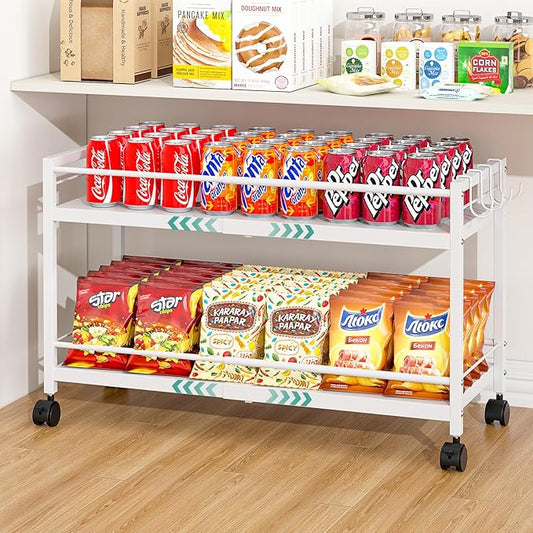 2 Pack 2-Tier Expandable Rolling Pantry Cart with Wheels, Adjustable Floor Organizer for Kitchen Pantry, Can Organizer for Pantry, Storage Cart for Snack, Food, Vegetables, White, Patent Pending