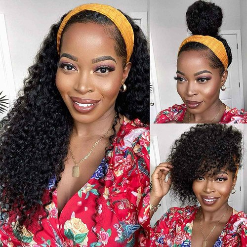 Celiarita Headband Wig Deep Wave Human Hair Wigs 22 inch Glueless None Lace Front Wigs Machine Made Virgin Curly Human Hair Wigs for Black Women Deep Wave Headband Wig Human Hair Natural Color