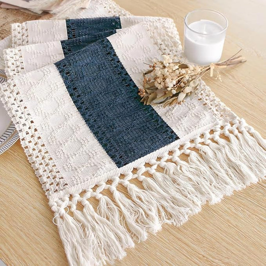 FEXIA Boho Blue Table Runner 60 Inches Long with Tassels Macrame Farmhouse Summer Style Graduation Party Rustic Wedding Baby Shower Dining Kitchen Living Room Decor (12x60 Inches)