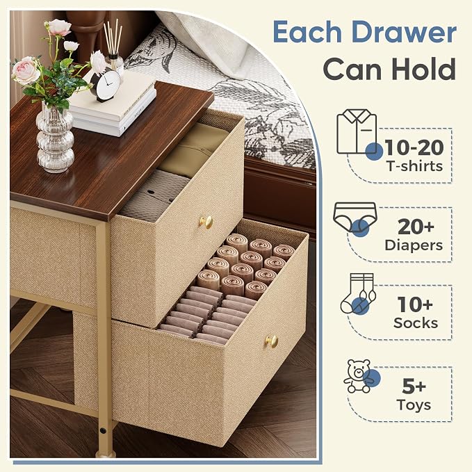 DUMOS Nightstand Small Dresser with 2 Fabric Drawers Side Tables Bedroom End Table Kids Bedside Storage Furniture for 20 inch Tall Night Stand for Closet, Entryway, College Dorm, Khaki