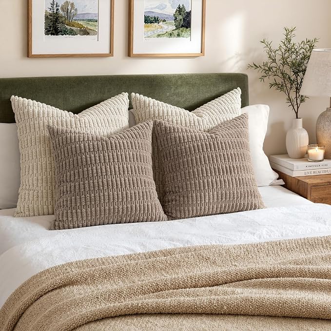 MIULEE Pack of 2 Corduroy Decorative Euro Sham Throw Pillow Covers 22x22 Inch Soft Boho Striped Pillow Covers Modern Farmhouse Home Decor for Sofa Living Room Couch Bed Light Brown