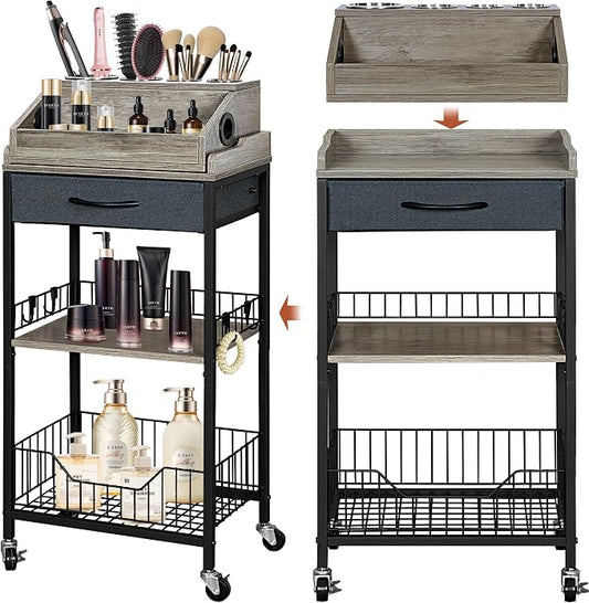 Makeup Organizer Cart Large, 2-in-1 Beauty Organizer with Wheels & Hair Tool Holder, Makeup Stand with Drawer, Vanity Storage Cosmetics Display Cases for Skin Care Nail Polish Perfume-Black