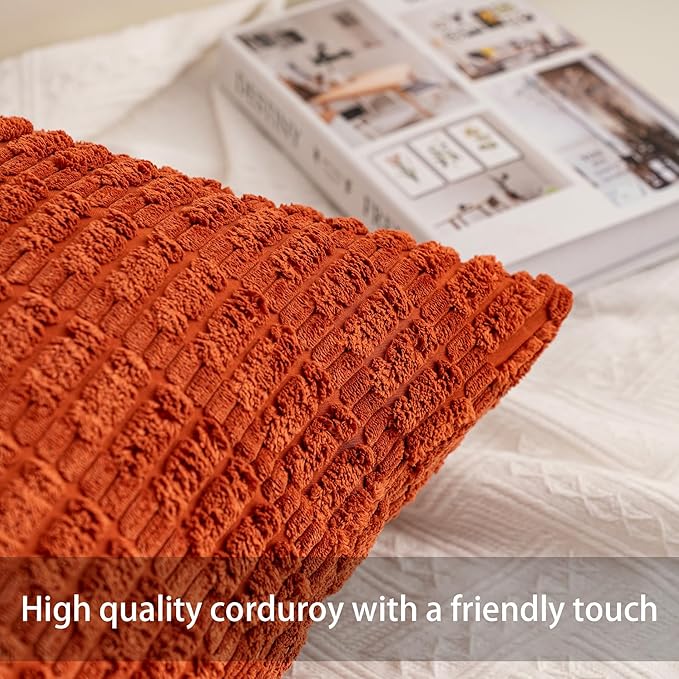 Aegero Pack of 2 Corduroy Decorative Throw Pillow Covers 12x24 Inch Soft Striped Pillow Covers Modern Farmhouse Home Decor for Sofa Living Room Couch Bed（Rust）