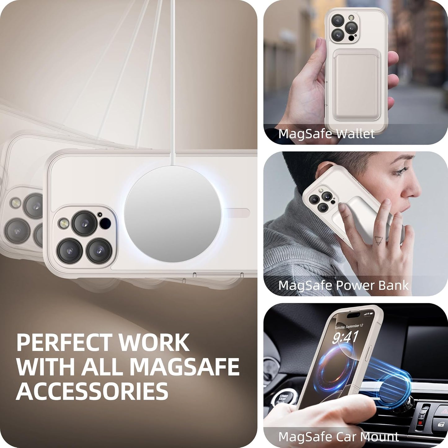 BERFY Magnetic for iPhone 16 Pro Max Case, Compatible with MagSafe, [Built-in 9H Tempered Glass Screen Protector & Camera Protection] Full Body Translucent Matte Phone case for 16 Pro Max, Stone