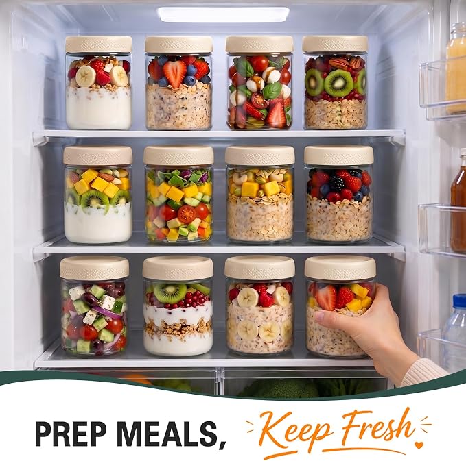 Overnight Oats Containers with Lids, 16oz Glass Storage Containers with Lids, Wide Mouth Mason Jars, Glass Jars with Airtight Lids for Sugar, Yogurt, Chia Seed, Pudding, Meal Prep 6-Pack