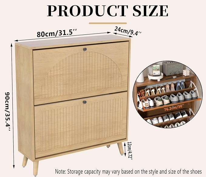 Fsbecl Shoe Storage Cabinet for Entryway with 2 Flip Drawers, Narrow Wood Shoe Cabinet with Fluted Panel, Freestanding Hidden Shoe Organizer for Foyer, Hallway (Wood Color)