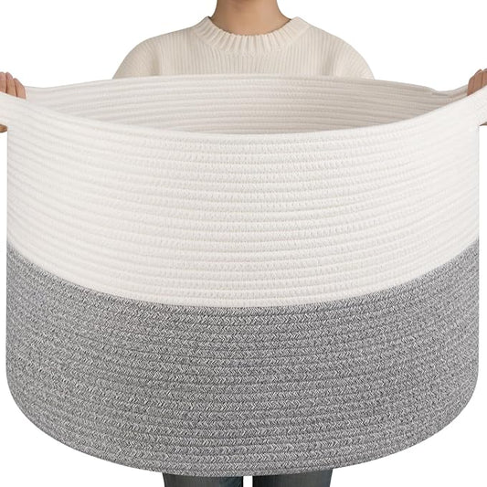 OIAHOMY 90L XXXLarge Blanket Basket for Living Room, 21.7" x 13.8" Woven Cotton Rope Laundry Basket for Organizing Pillows, Decorative Stuffed Animal Toy Storage for Nursery, White and Light Grey