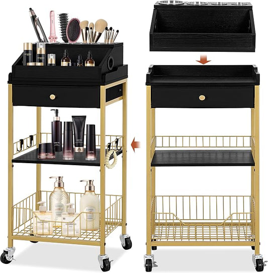 Large Makeup Organizer Cart with Hair Tool Holder, Rolling Makeup Cart with Drawer, 2-in-1 Vanity Organizer Cosmetic Display Cases for Skin Care Perfume Nail Polish Brush Tools, Gold & Black