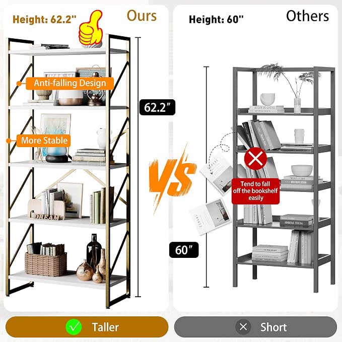 Shintenchi 2 Pieces 5 Tiers Bookshelf, Classically Tall Bookcase Shelf, Industrial Book Rack, Modern Book Holder in Bedroom/Living Room/Home/Office, Storage Rack Shelves for Books/Movies-Gold