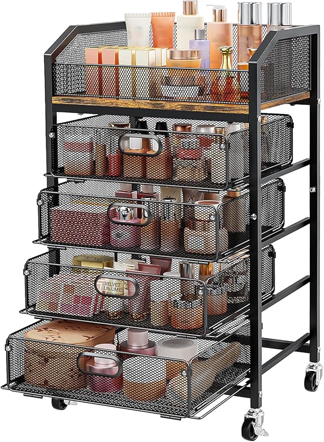 SUNALLY Makeup Organizer Cart with 4 Drawers, Rolling Makeup Storage Cart Metal Skincare Organizers, Large Vanity Storage Organizer Cosmetics Display Cases for Skin Care Perfume Nail Polish, Black