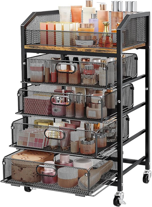 SUNALLY Makeup Organizer Cart with 4 Drawers, Rolling Makeup Storage Cart Metal Skincare Organizers, Large Vanity Storage Organizer Cosmetics Display Cases for Skin Care Perfume Nail Polish, Black