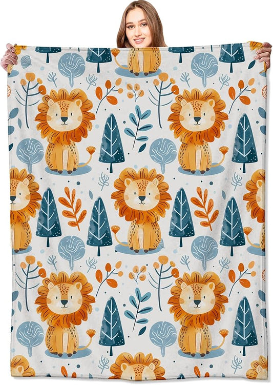 Cute Lion and Forest Blanket,Fun Cartoon Jungle Theme Throw Blankets,Birthday Gifts for Kids & Animal Lovers,Lightweight Soft Fleece,for Picnic Sofa Couch Bed Room Travel,Modern Decor,40x50in