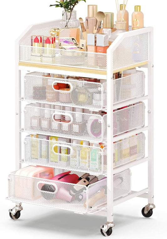 Goovilla Rolling Makeup Organizer Cart with Drawers, 5 Tier Metal Floor Skincare Vanity Organizers with Lockable Wheels, Make Up Storage Cart for Cosmetics Display, Nail Polish, Perfume, White