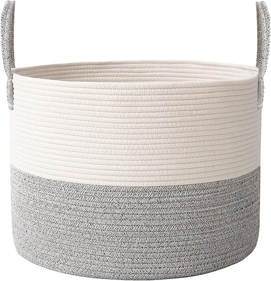 JMvicyroam 115L Extra Large Blanket Basket for Living Room - Woven Cotton Rope Laundry Hamper with Reinforced Handles - Storage Bin for Pillows, Comforters & Toys - Machine Washable,White&Grey