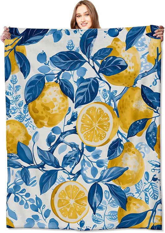 Lemon Blanket Fresh Citrus Fruit Throw Blankets with Blue Leaves,Birthday Gifts for Girls Boys Women & Food Lovers,Lightweight Soft Fleece,for Sofa Couch Bed Room Summer Decor 40x50in