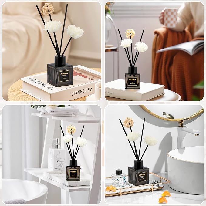 Black Glass Bottle Scent Diffuser, 1.7 oz Reed Diffuser with Sticks, Home Fragrance for Bookshelf, Bedroom Vanity, Office Desk & Bathroom Decor, Air Freshener for Aesthetic Room Decor (Zen Tea)
