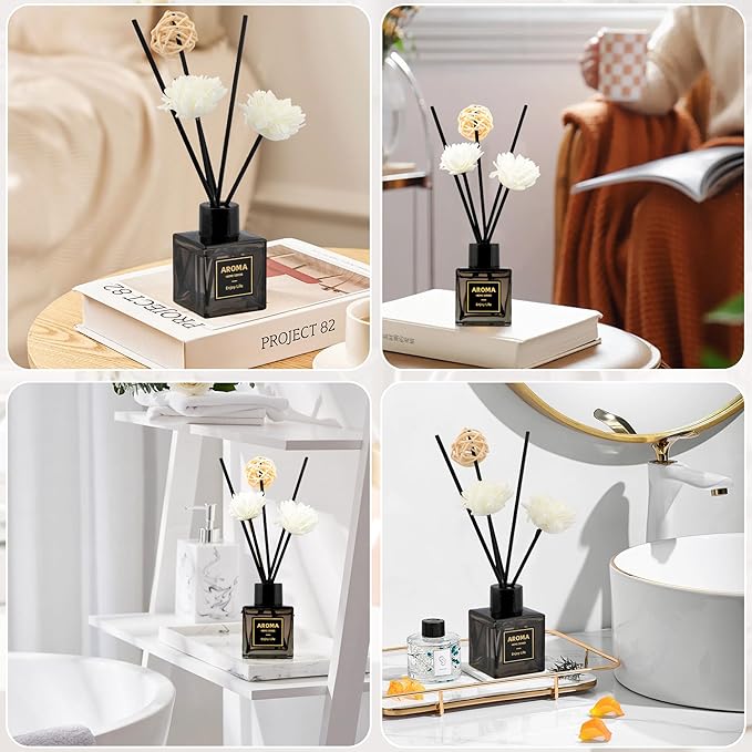 Black Glass Bottle Scent Diffuser, 1.7 oz Reed Diffuser with Sticks, Home Fragrance for Bookshelf, Bedroom Vanity, Office Desk & Bathroom Decor, Air Freshener for Aesthetic Room Decor