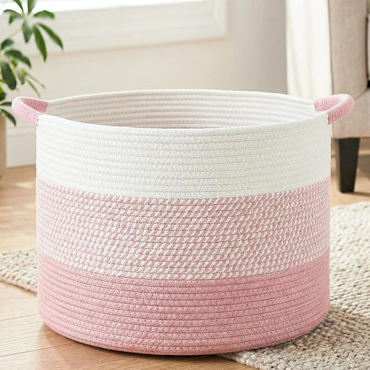 Artfeel 70L Large Cotton Rope Basket, Decorative Woven Blanket Storage for Living Room, Boho Toy Storage & Toy Box for Kids, Versatile Laundry Basket & Nursery Hamper for Blankets(Pink)