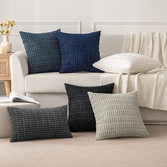 MIULEE Pack of 2 Corduroy Decorative Euro Sham Throw Pillow Covers 22x22 Inch Soft Boho Striped Pillow Covers Modern Farmhouse Home Decor for Summer Coastal Sofa Living Room Couch Bed Dark Blue