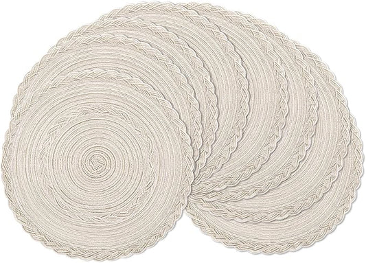 SHACOS Boho Round Placemats Set of 8 Braided Border Round Place Mats 15 inch Washable Dining Table Mats for Home Wedding Holiday Party (Ivory Bordered, 8)