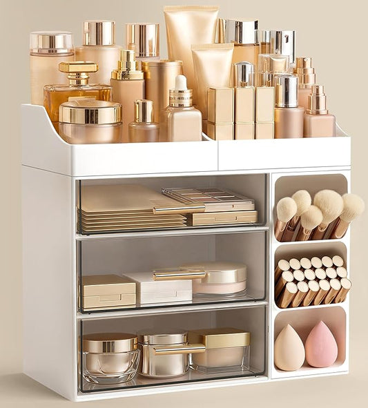 HBlife Makeup Organizer Countertop with Brush Holder, Large Bathroom Counter Organizer with Drawers, Skincare Organizers for Vanity, Plastic Dresser Organizer Storage Gift for Women Girl Mom, White