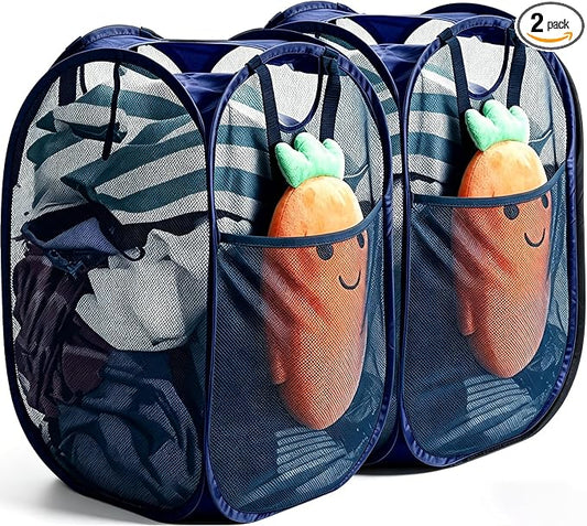 2 Pcs Strong Mesh Pop up Laundry Hamper,House Again Collapsible Laundry Basket with Durable Handles Solid Bottom High Carbon Steel Frame, Space-Saving, Easy to Open and Fold Flat for Storage(Blue)